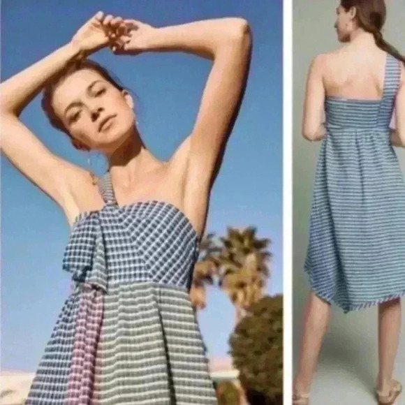 Anthro Maeve Waverly Gingham One Shoulder Dress size 6 - Picture 2 of 8
